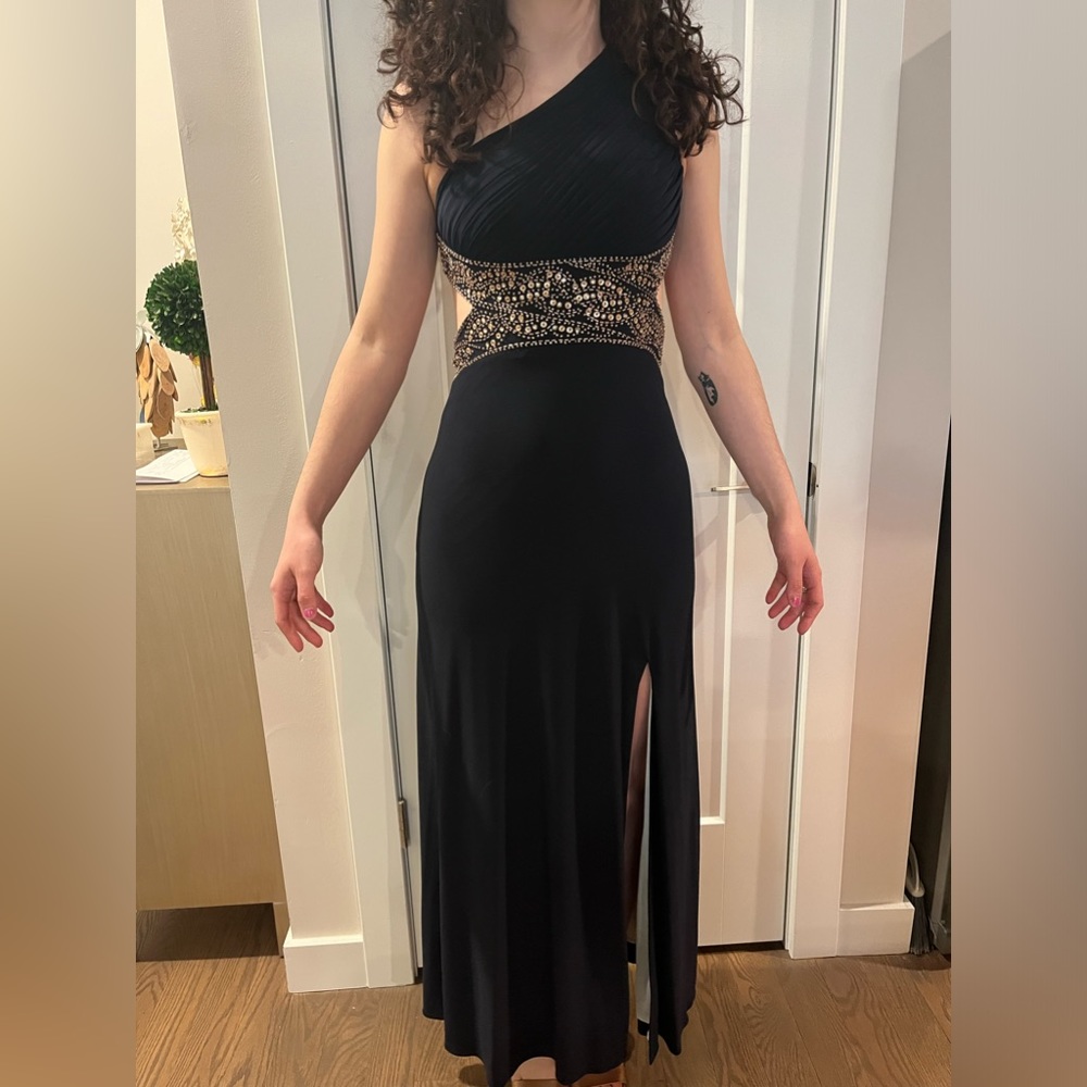 Betsy & Adam navy beaded one shoulder evening dress size 0 new with tags